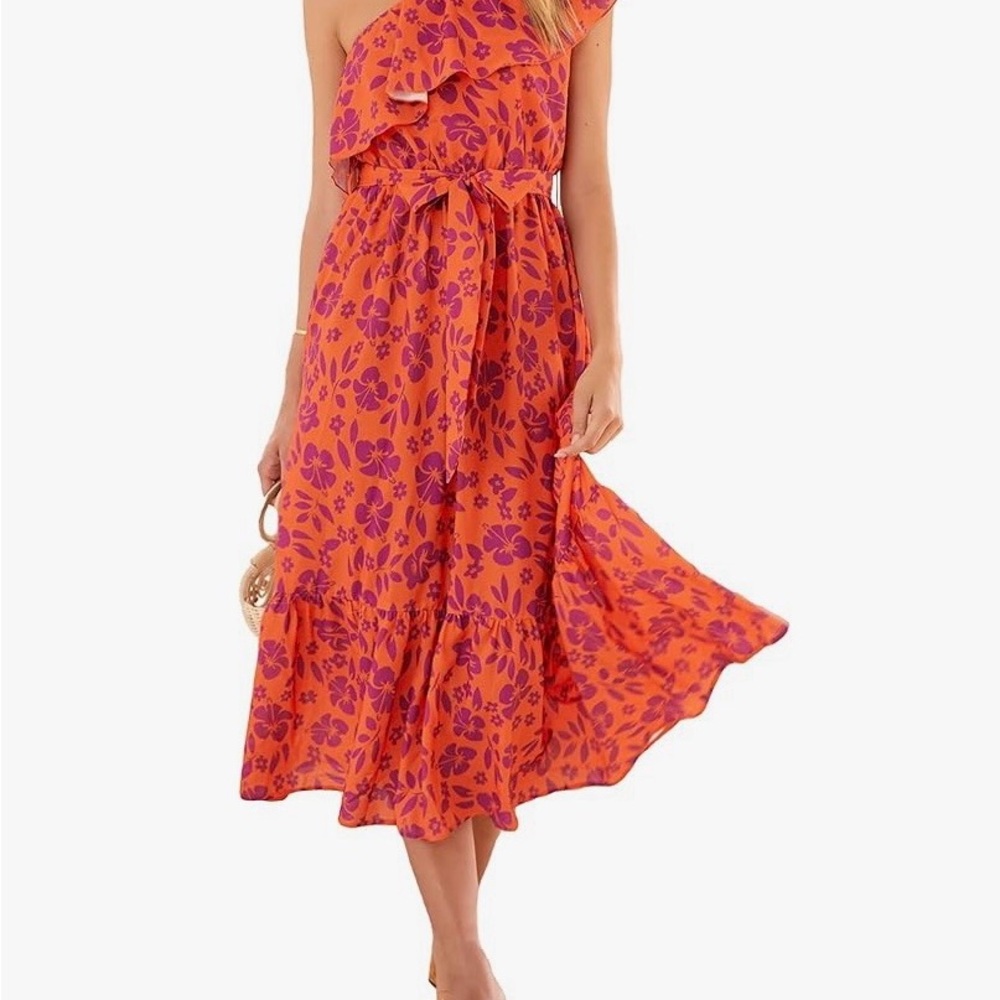 NWOT Elegant One-Shoulder Boho Floral Dress - Orange and Purple